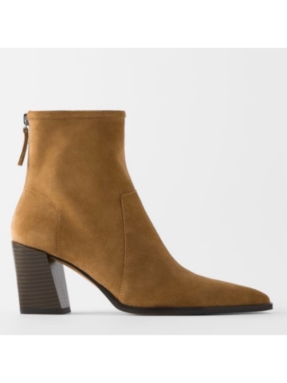 ZARA Suede Leather Pointed Toe Heeled Ankle Boots Booties Tan Size 9 / 40